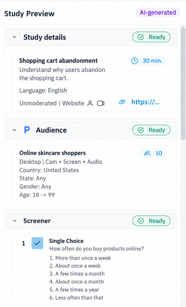 AI-generated Study Preview showing study details, audience settings, and a screener question for an online shopping research study.