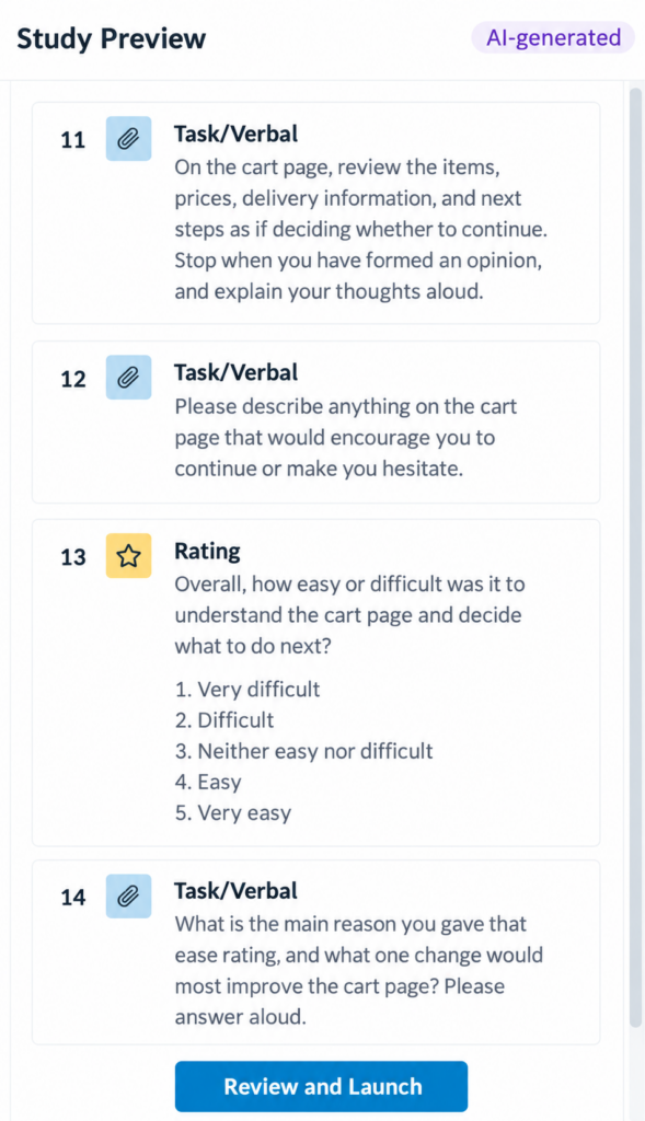 AI-generated Study Preview showing checkout-related task and rating activities with a Review and Launch button.
