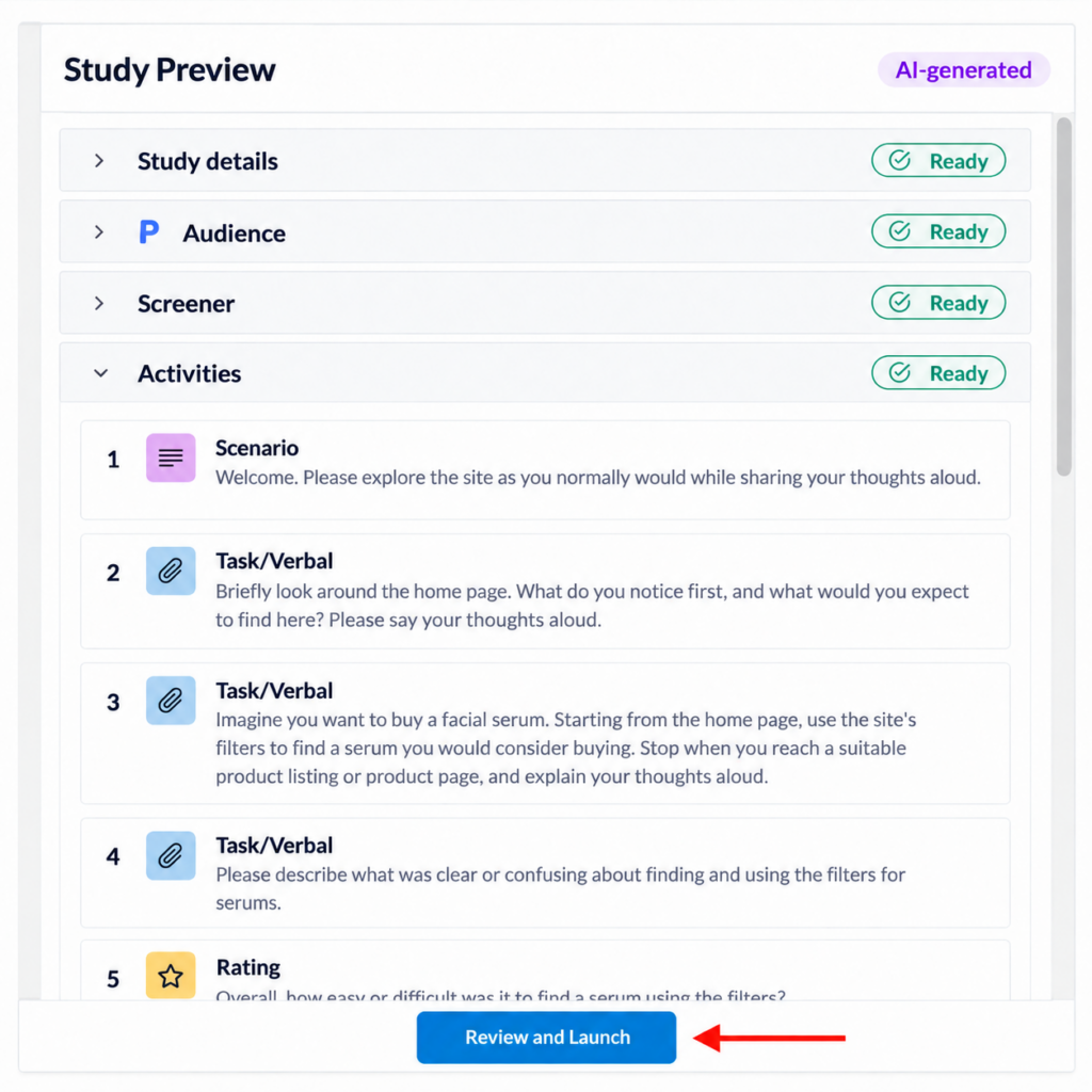 Study Preview interface with a red arrow pointing to the blue “Review and Launch” button at the bottom.