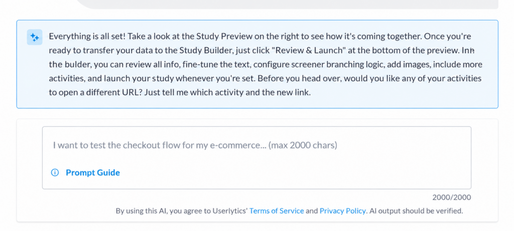 AI Study Designer confirming the study setup is complete and directing users to review the Study Preview before launching.