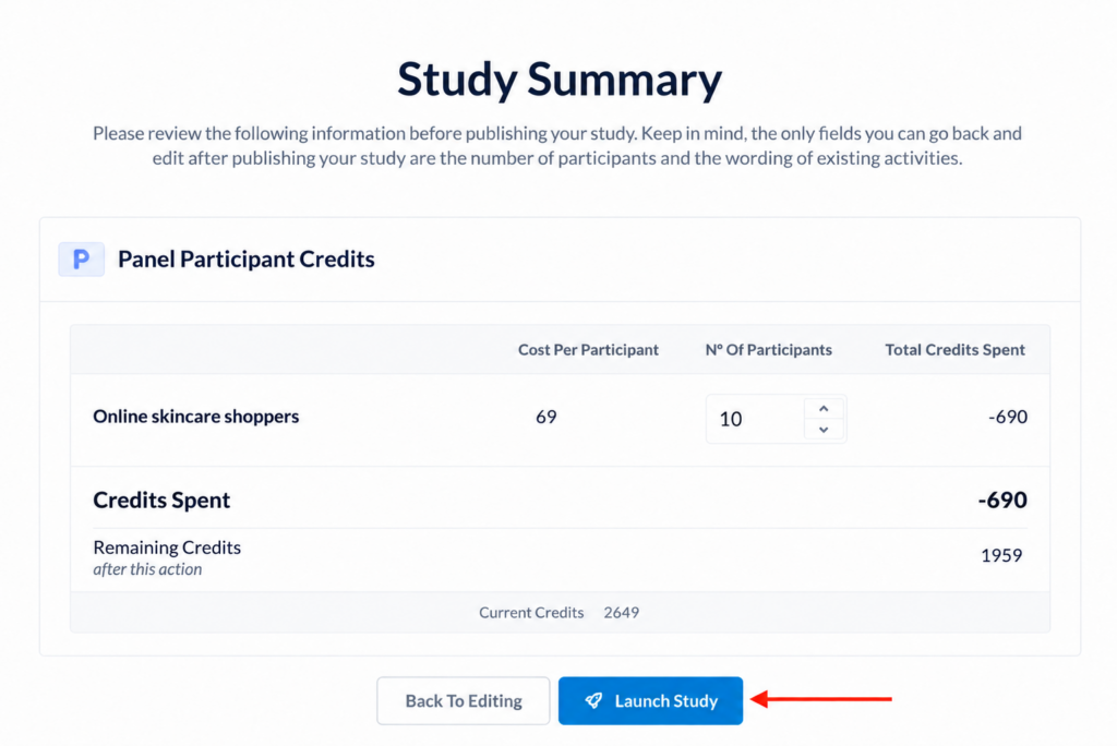 Study Summary screen with a red arrow pointing to the blue “Launch Study” button at the bottom.