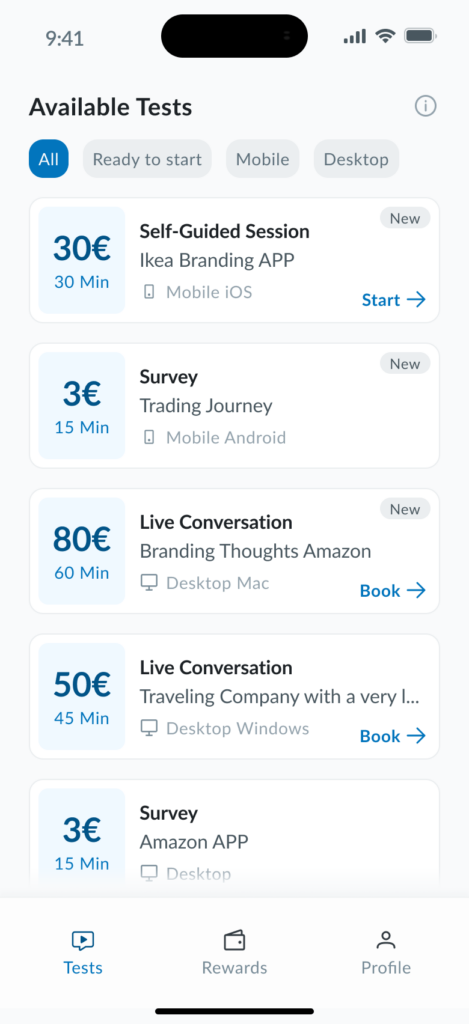 Mobile tester app 'Available tests" menu page