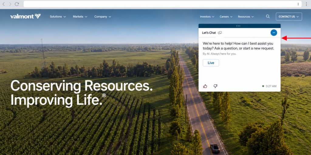 Valmont website homepage with a red arrow pointing to the AI chat window in the upper-right corner.