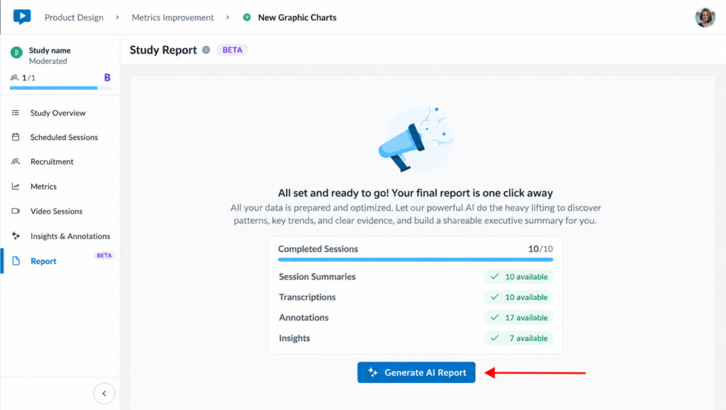 Study Report screen with a red arrow pointing to the blue “Generate AI Report” button.
