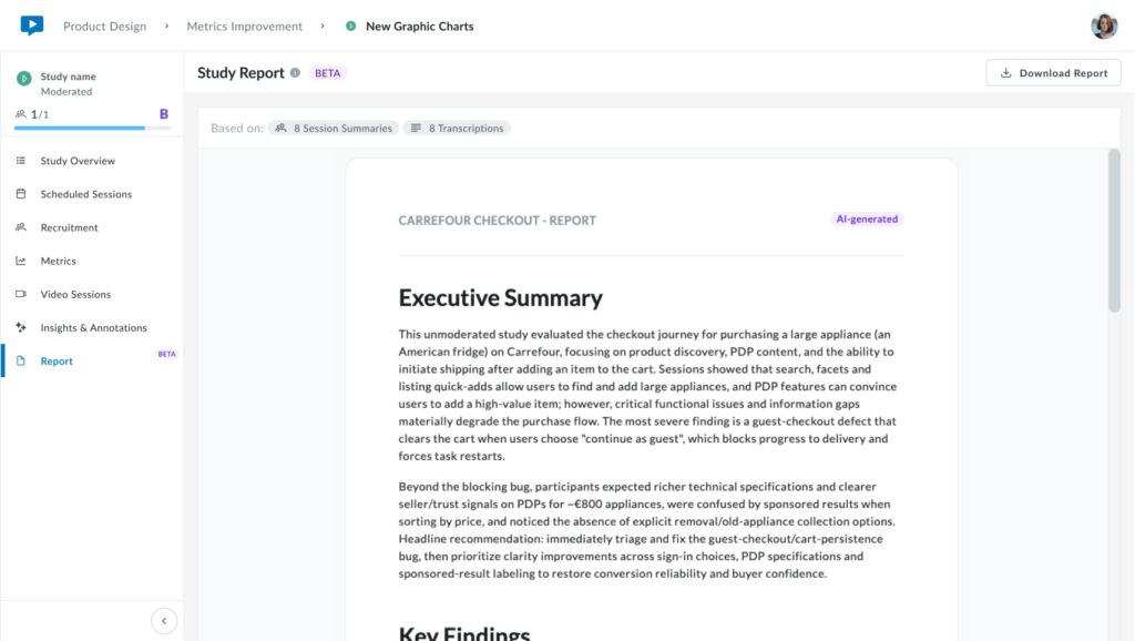 AI-generated Study Report showing an executive summary and key findings, with options to download the report.