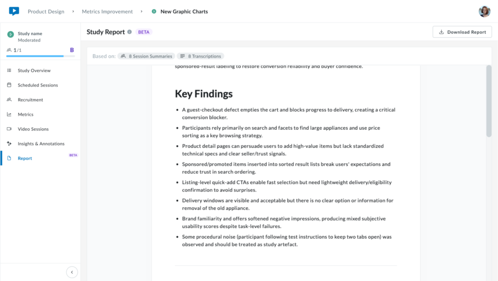 AI-generated Study Report displaying key findings from the research, including usability issues, browsing behavior, and checkout-related insights.