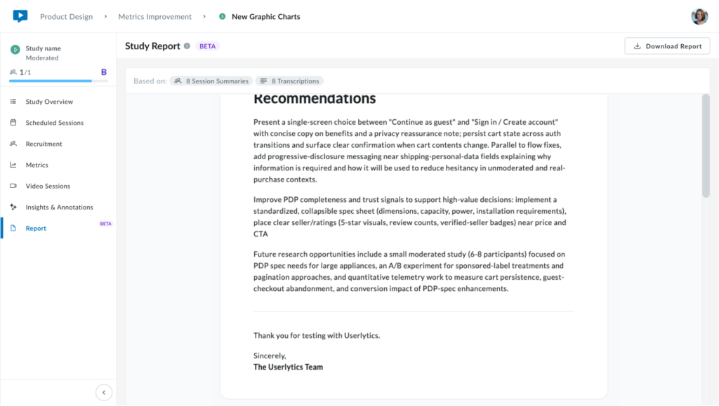 AI-generated Study Report displaying UX recommendations and future research opportunities based on the study findings.