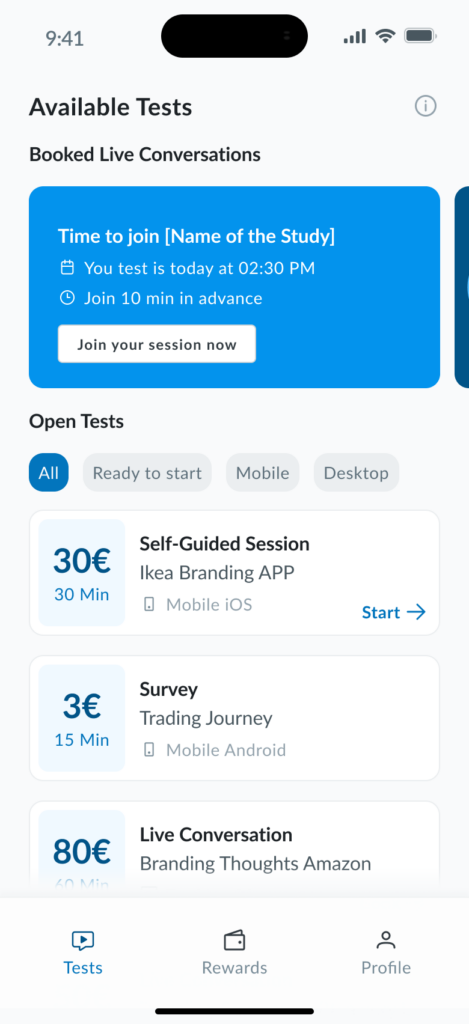 Mobile tester app 'Booked live conversation" menu page