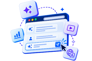 3D illustration of a cursor clicking a send button inside an app window, surrounded by AI sparkle, chart, video, and translation icons.