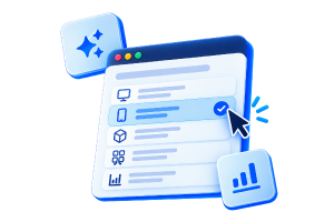Alt text corto: 3D graphic of a cursor clicking a checkmark button on a list inside a window, with sparkle and bar chart icons float nearby.